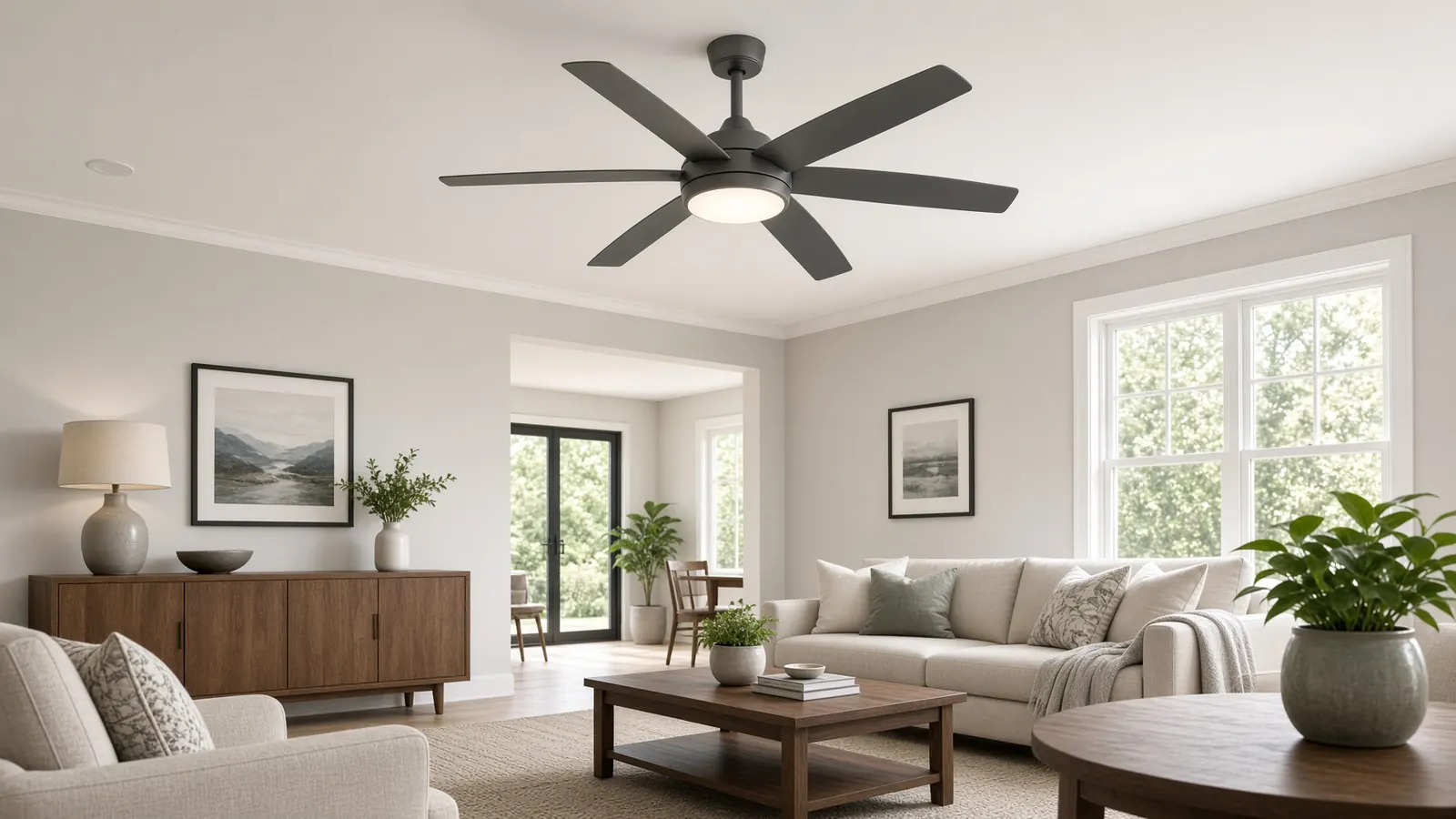Ceiling fan with light in a living room