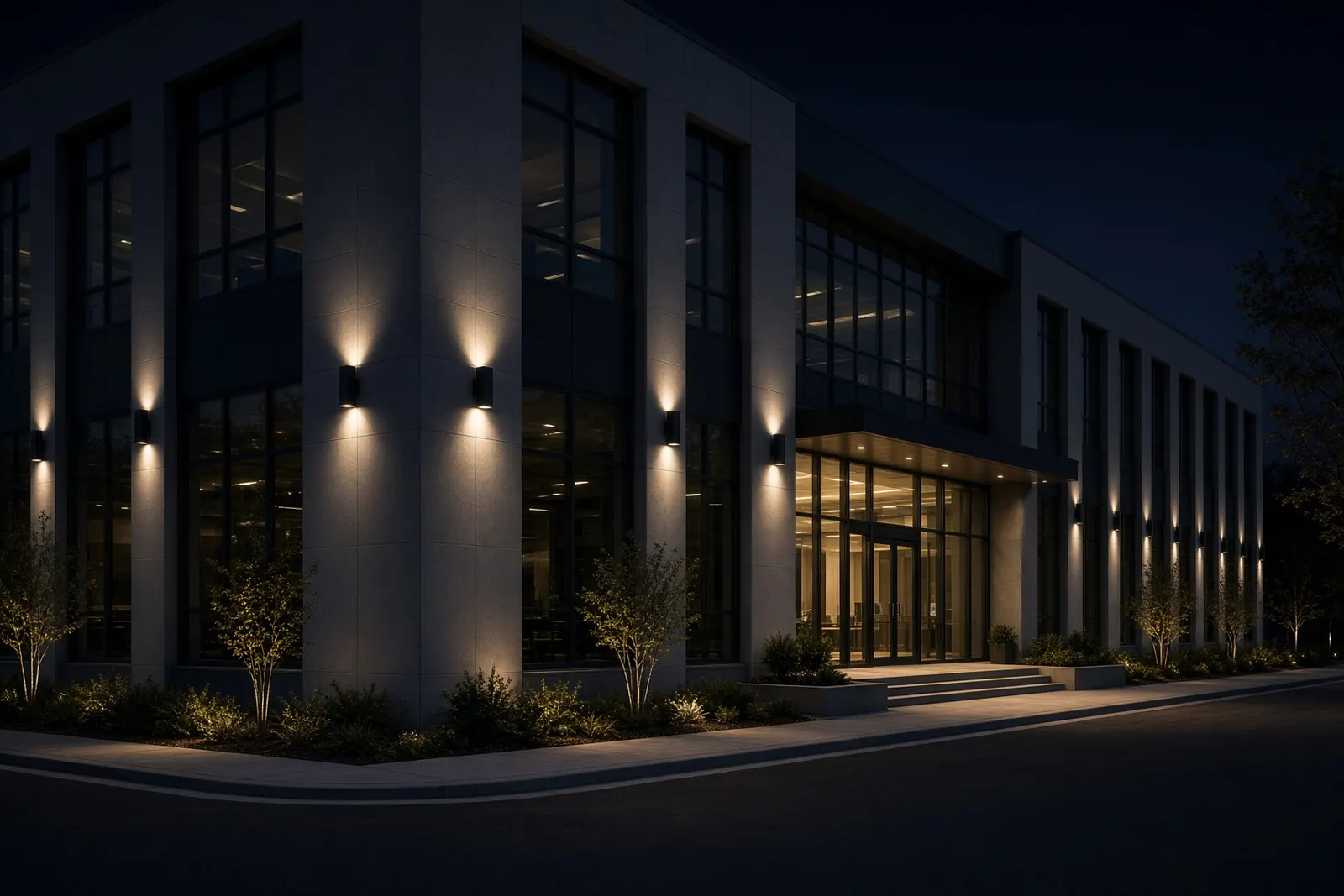 Wall sconces lighting a commercial building at night