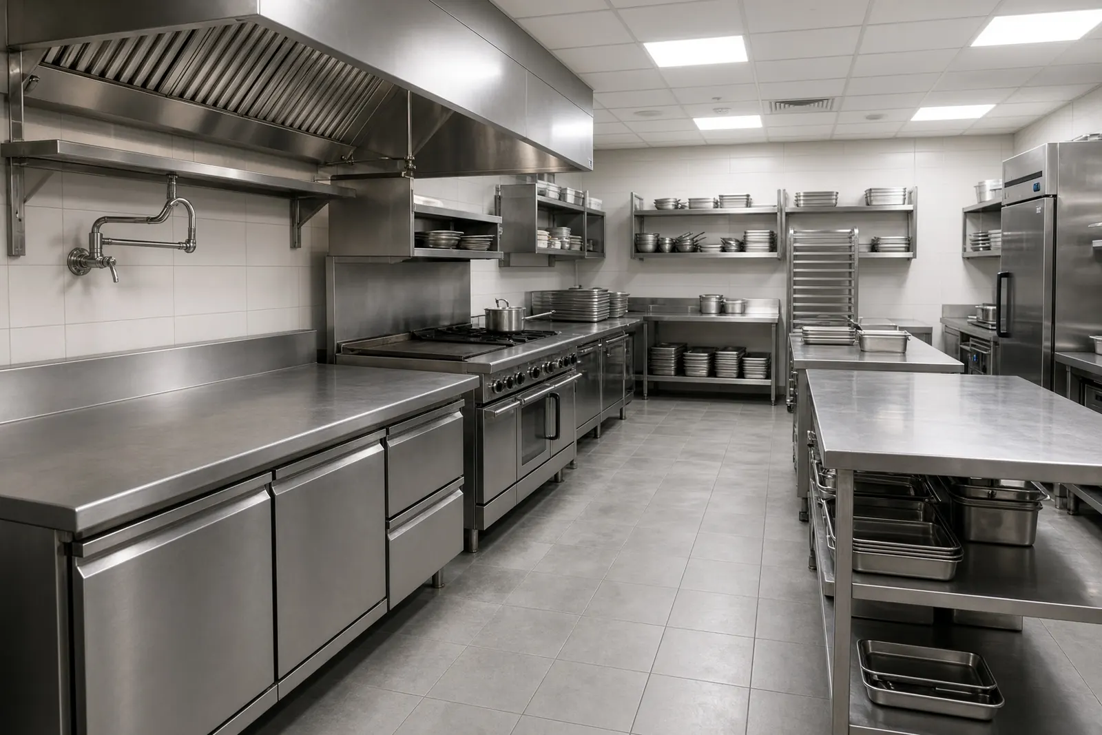 Stainless commercial kitchen under LED panels