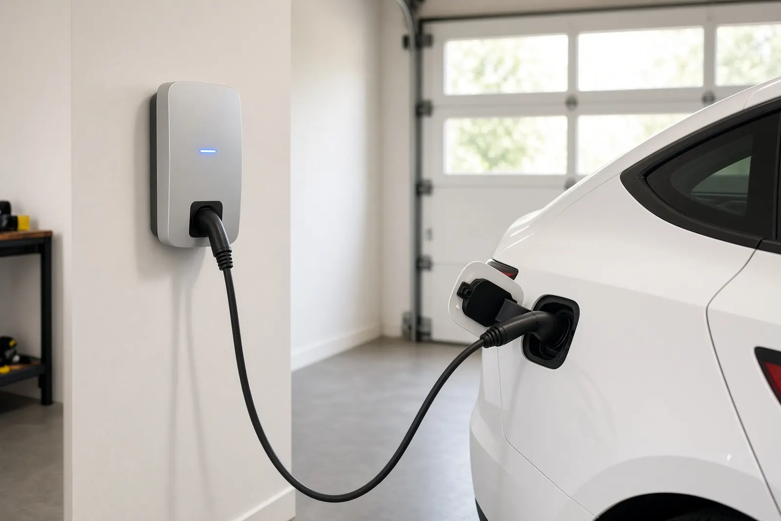 Wall-mounted EV charger plugged into a car in a garage