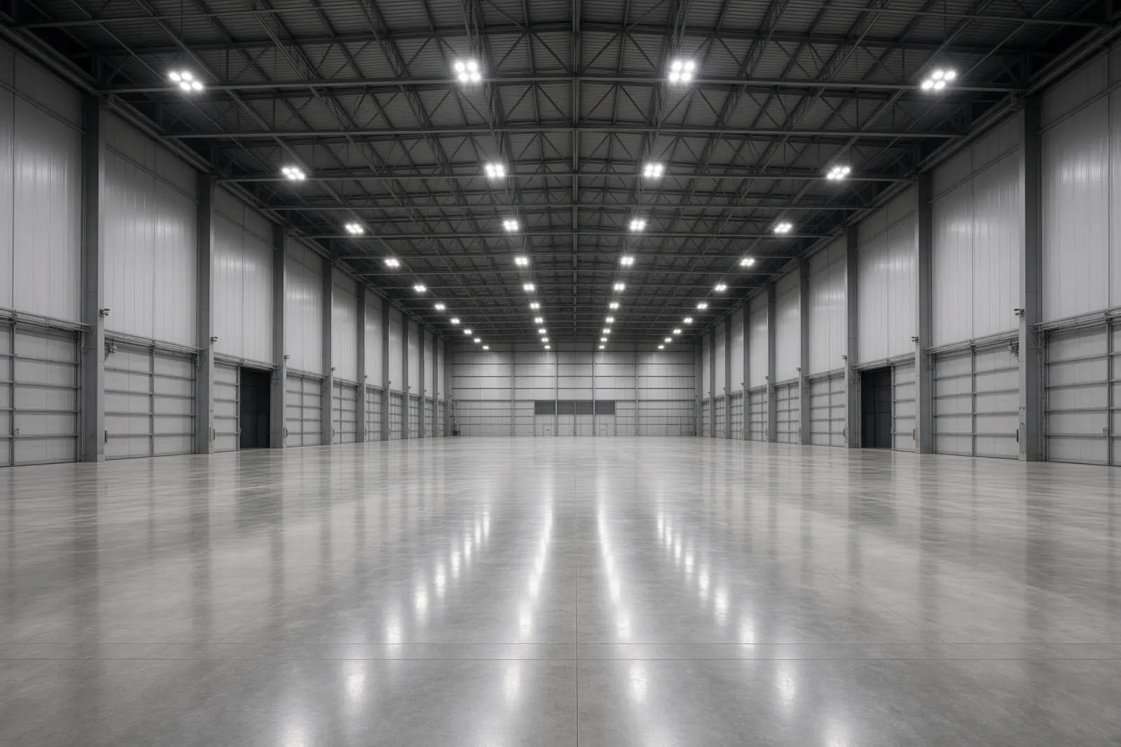 Empty industrial building with high-bay LED lighting