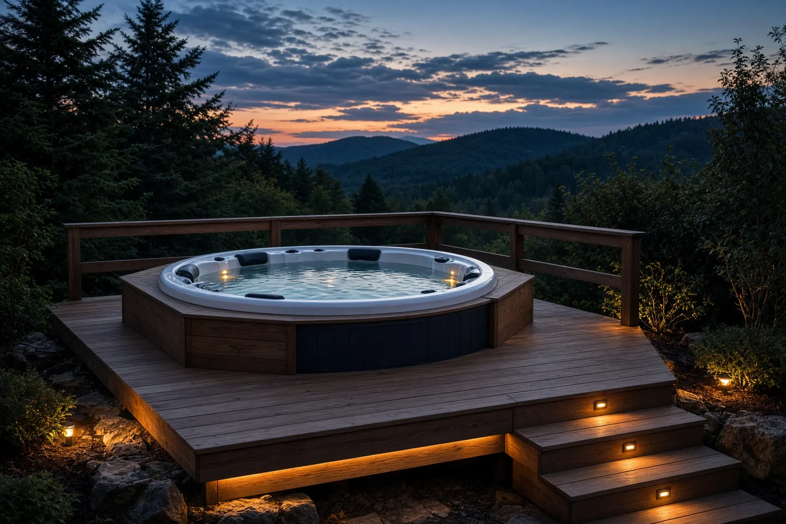 Hot tub on a deck with step lighting at dusk
