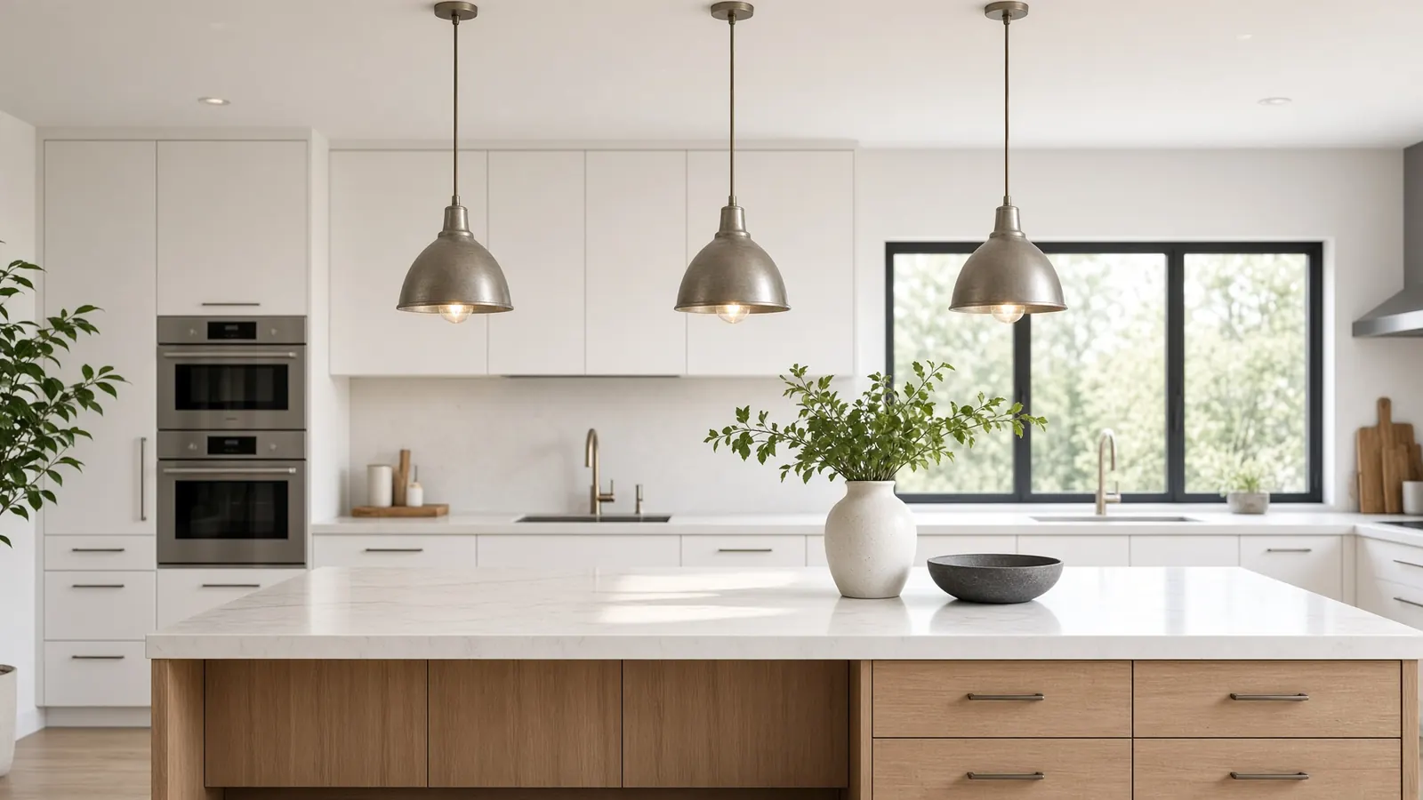 Pendant lights over a kitchen island