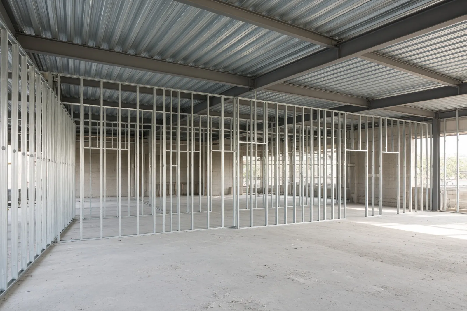 Metal stud framing on a commercial floor