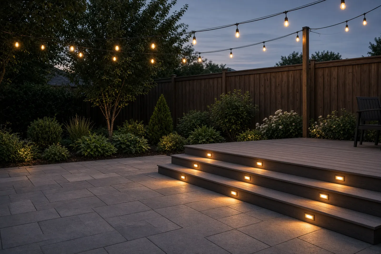 Patio with string lights and lit deck steps