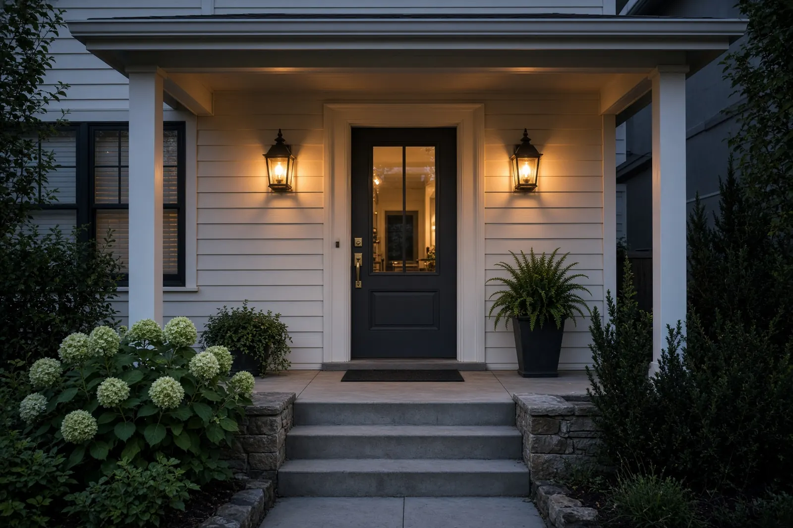 Front porch with two wall lanterns at dusk