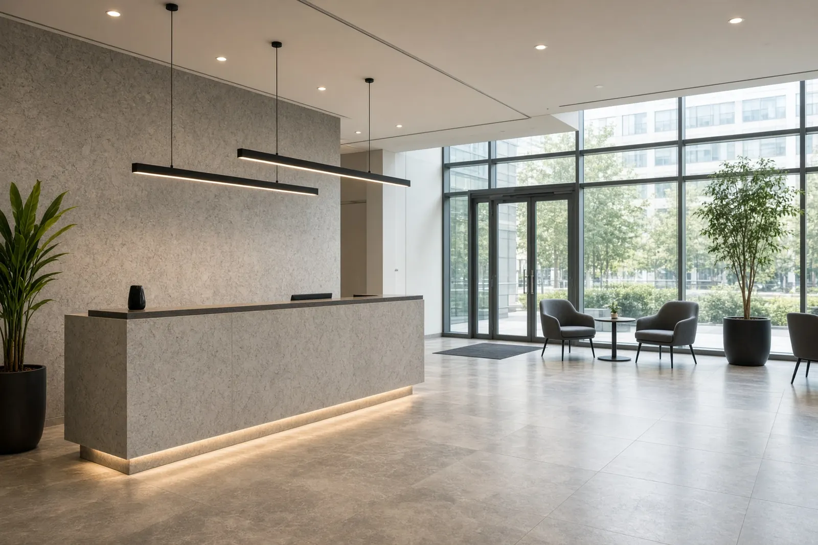 Reception lobby with linear pendants and under-desk lighting