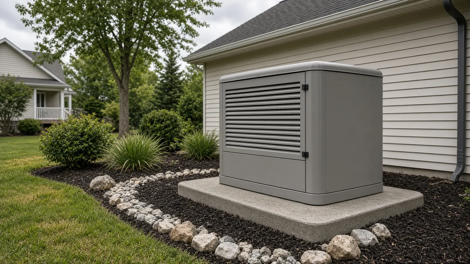 Standby generator on a pad beside a house