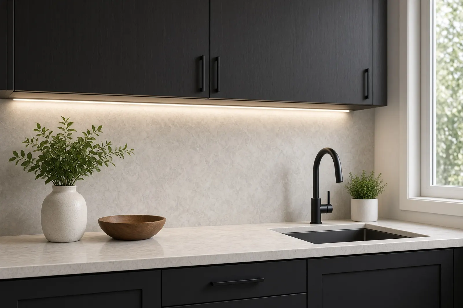 Under-cabinet LED lighting over a kitchen counter