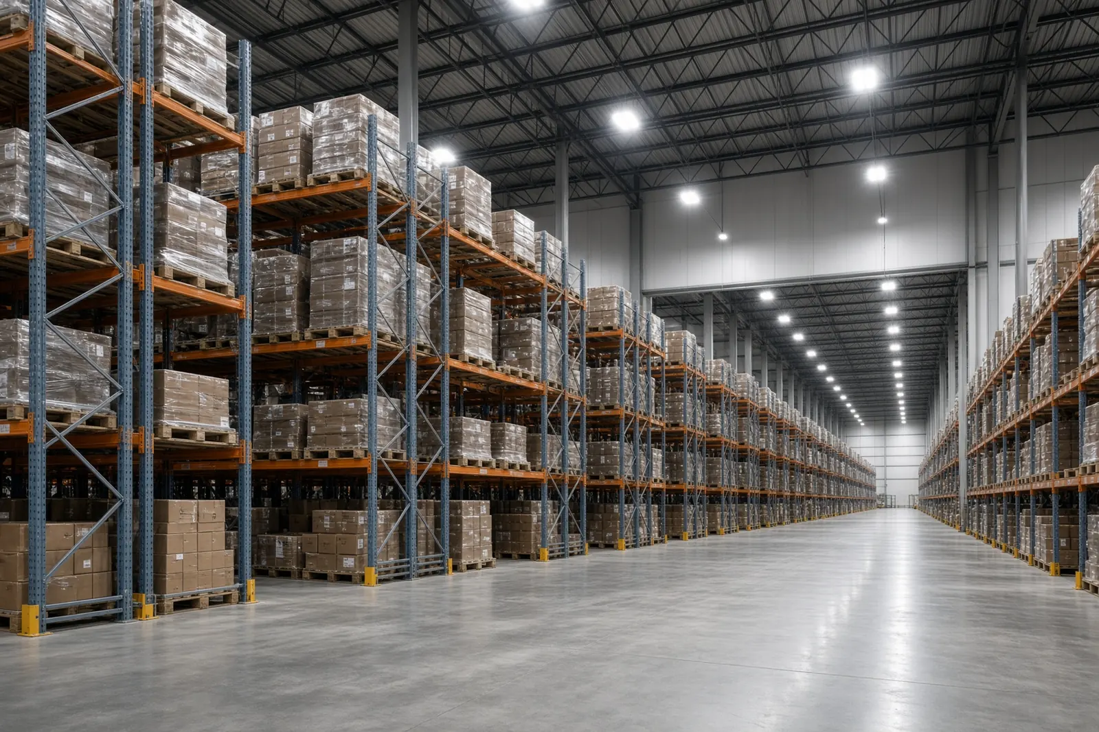 Warehouse racking aisle under high-bay lighting